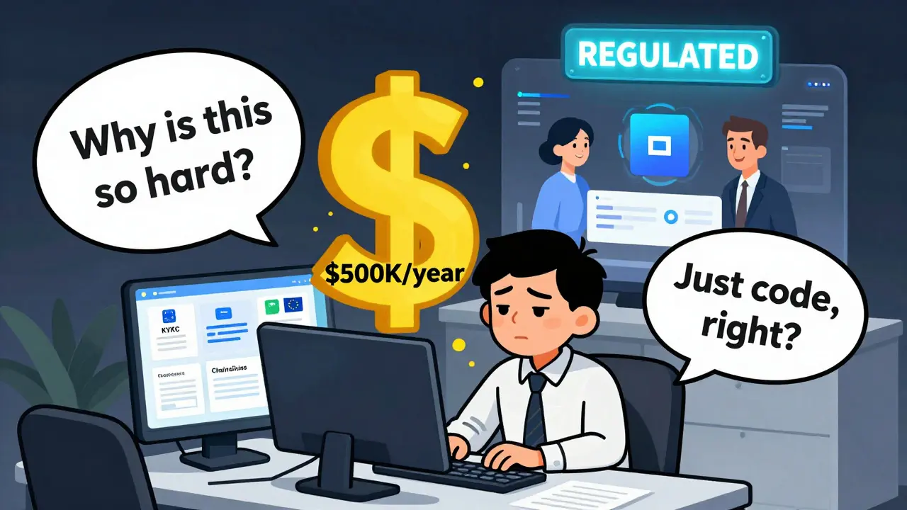 Cartoon of a stressed developer overwhelmed by compliance costs while a corporate DeFi platform thrives nearby.