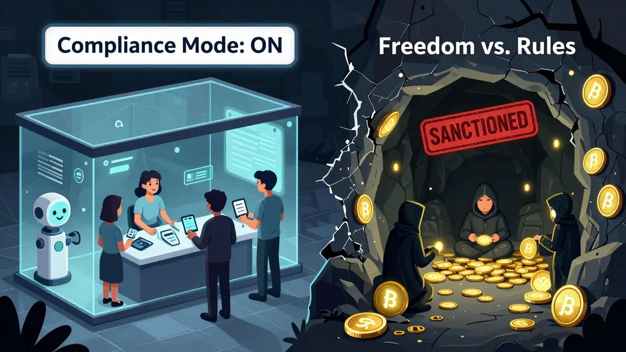 Cartoon split showing regulated DeFi on one side and underground DeFi on the other, symbolizing the two paths ahead.