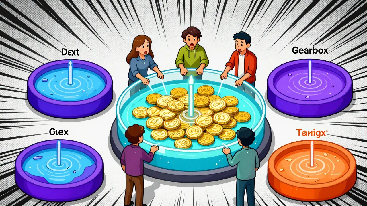 Five DeFi pools merging into one shared liquidity reservoir on Metis, with users borrowing tokens in cartoon illustration.