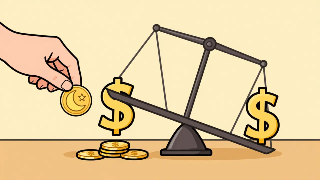 Person holding small moon token, large dollar fees outweighing it