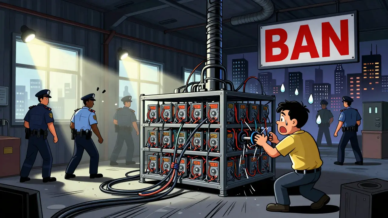 Police raiding a hidden crypto mining room in a warehouse, with a giant 'BAN' sign visible outside.