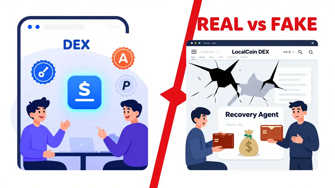 Side-by-side cartoon of real DEX vs fake scam site with warning signs
