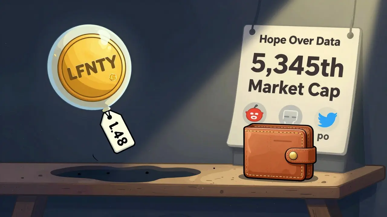 The LFNTY token is a deflating balloon sinking into obscurity, surrounded by silence and no updates.