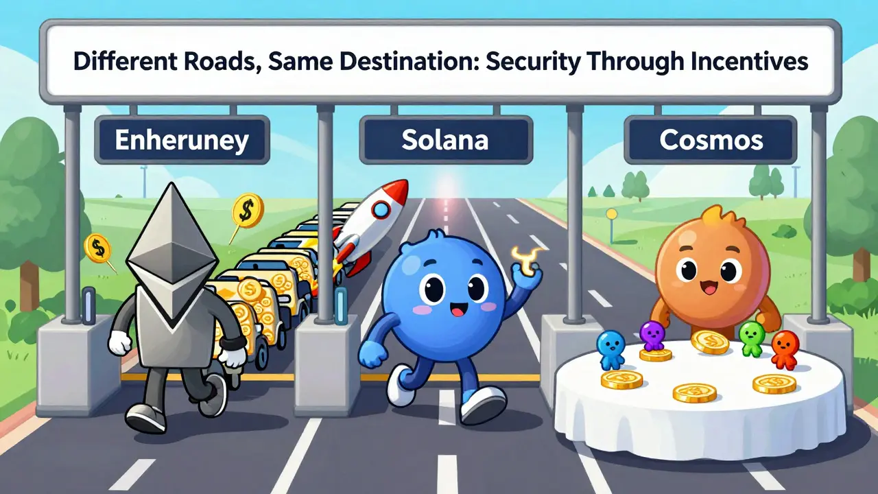Three cartoon blockchain characters running different toll booths, showing how each network pays validators uniquely.