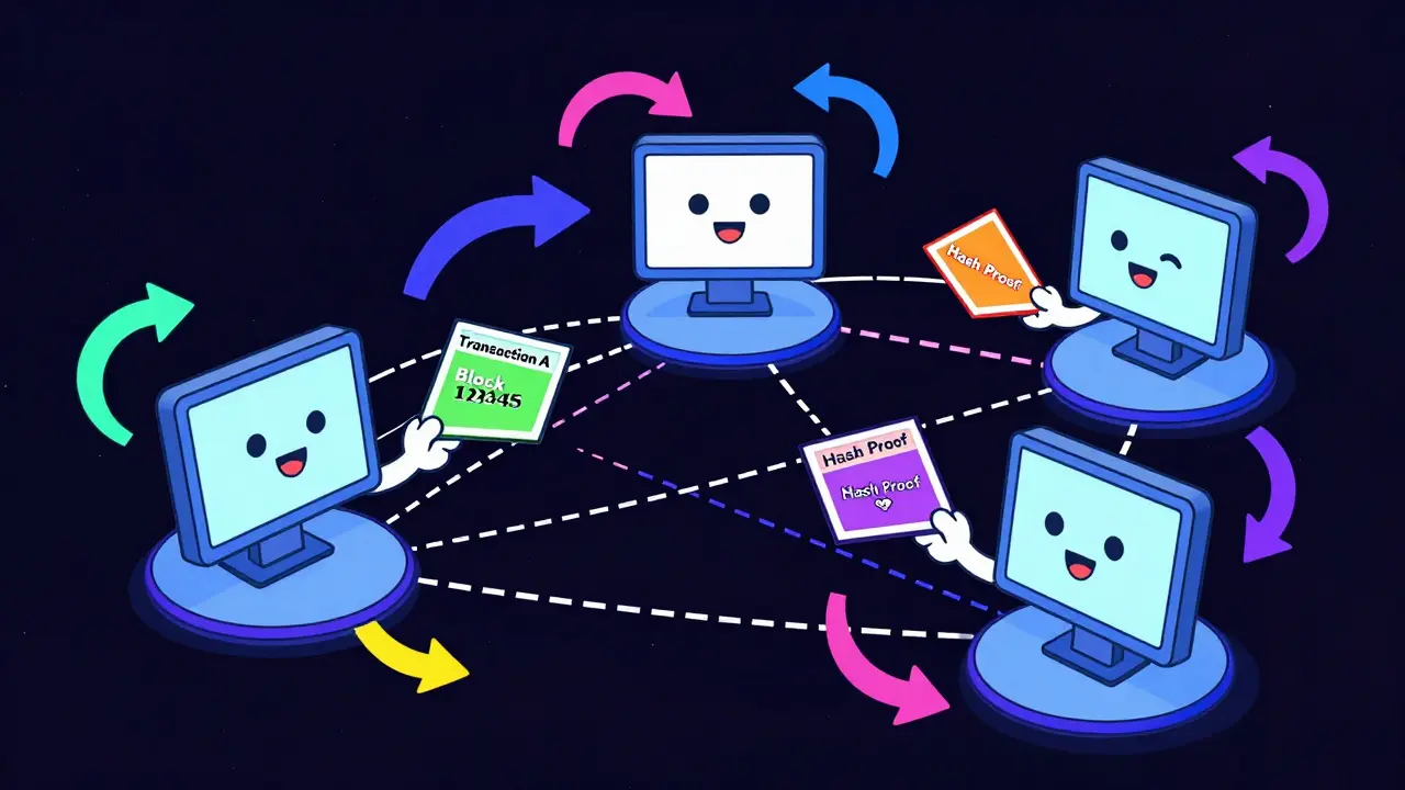Three friendly computer nodes trading blockchain data like baseball cards in a network.