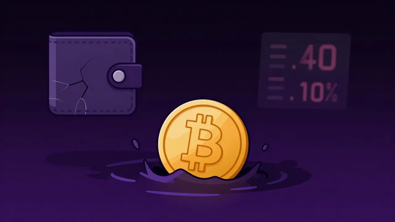 Token sinking into void with cracked wallet and faded price indicators.