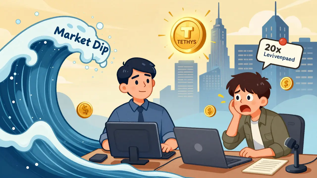 Trader using 5x leverage safely while another gets swept away by market dip, in cartoon style with TETHYS token above Metis city.