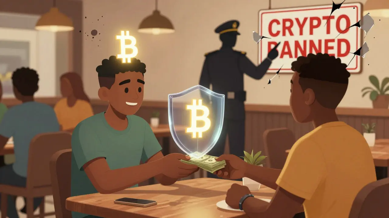 Two people trading cash for Bitcoin in a Lagos cafe, with a protective escrow shield glowing above their transaction.