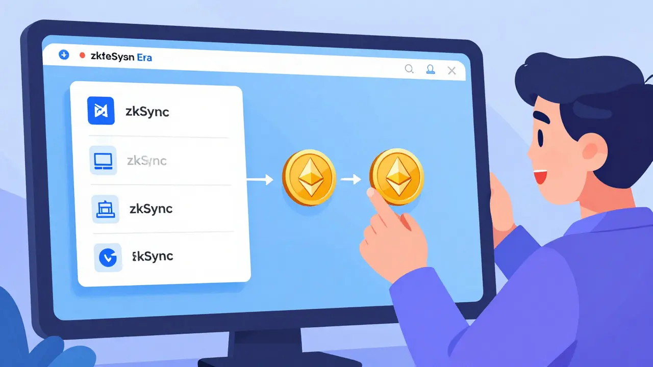 User configuring MetaMask with network icons and bridging coins between Ethereum and zkSync.