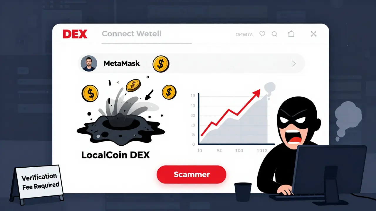 User sending crypto into a black hole labeled 'LocalCoin DEX' with fake fees