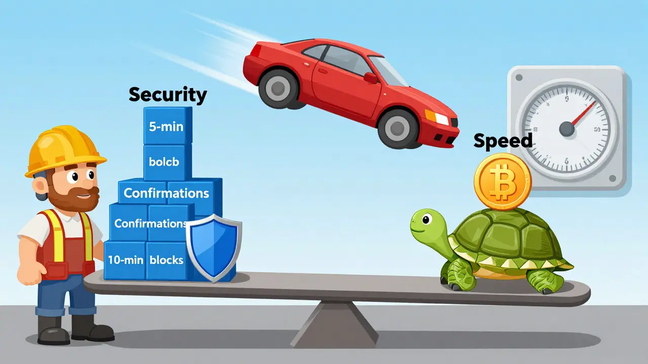 A balance scale comparing Bitcoin's 10-minute block security with faster but unstable 5-minute blocks, illustrated in cartoon style.