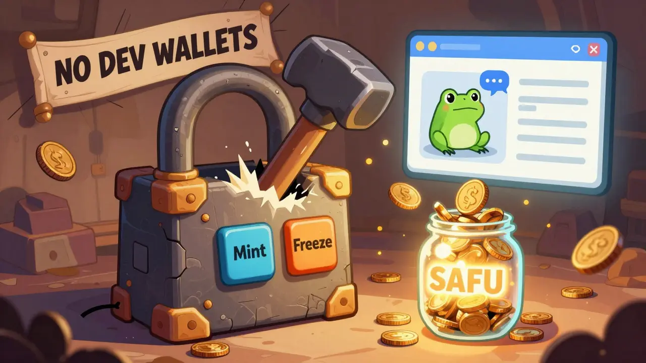 A blockchain contract is smashed with a hammer, coins flow into a SAFU jar, and meme chat bubbles appear.