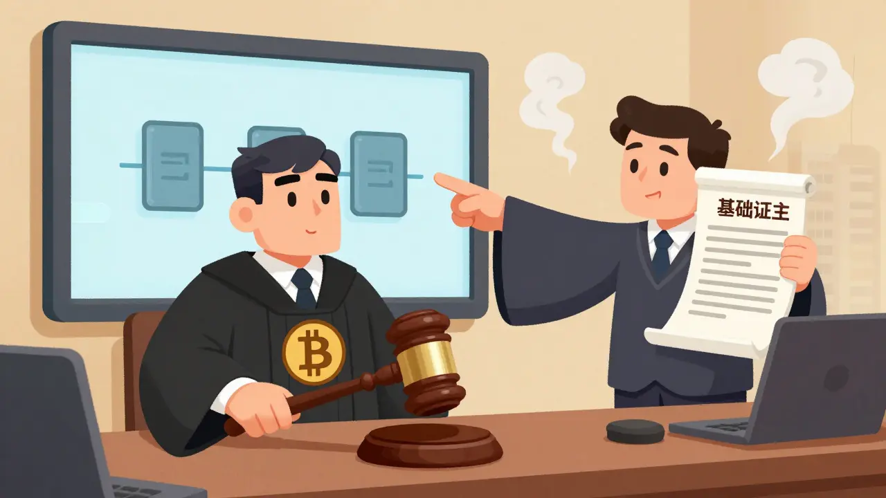 A cartoon courtroom where a Bitcoin-robed judge settles a smart contract dispute with a fraud proof scroll.