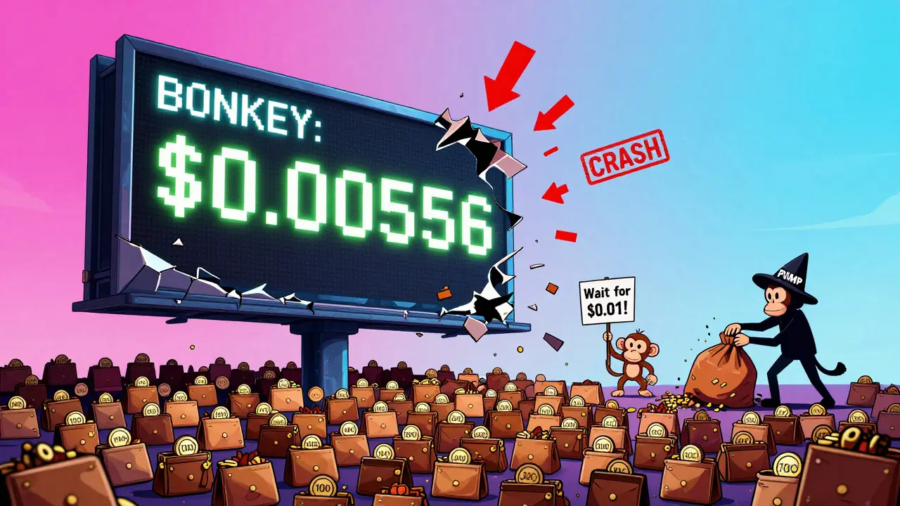 A collapsing cryptocurrency billboard showing a price drop from <h2>Market data: Tiny market cap, huge holder count</h2>.005 to <h2>Market data: Tiny market cap, huge holder count</h2>.000017.