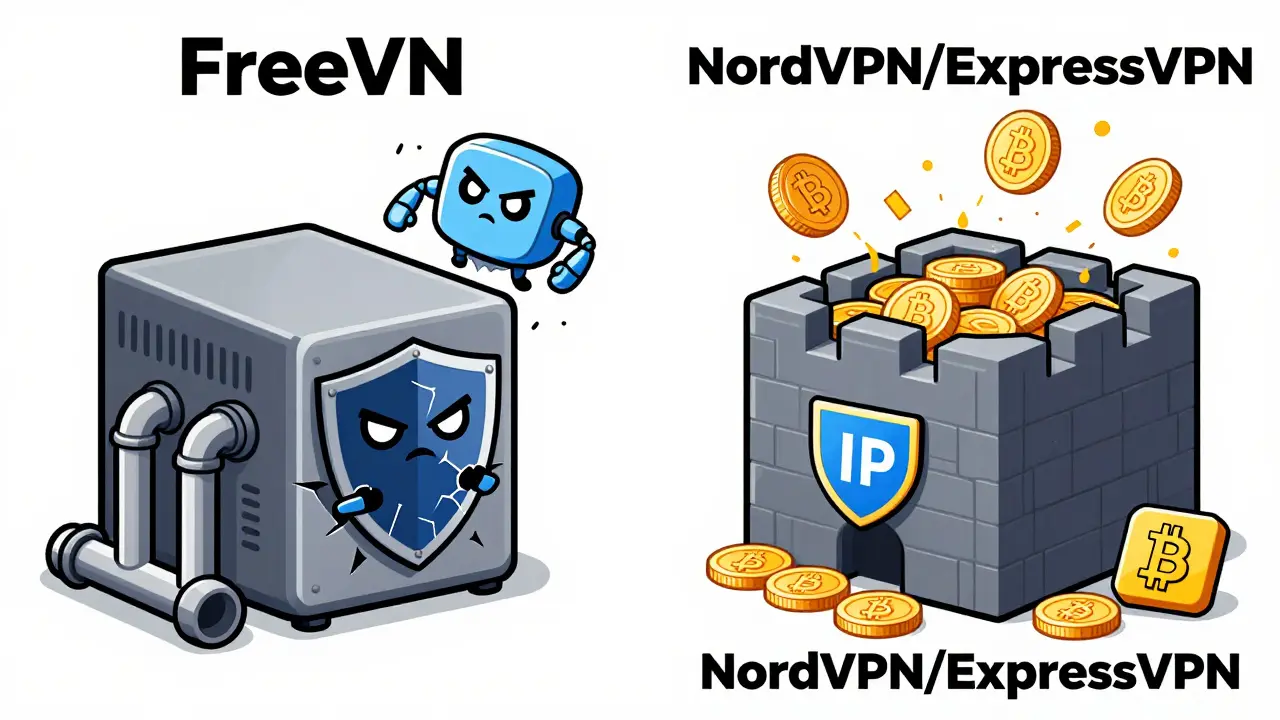 A comparison between a failing free VPN and a secure premium VPN with crypto flowing safely through a fortified server.