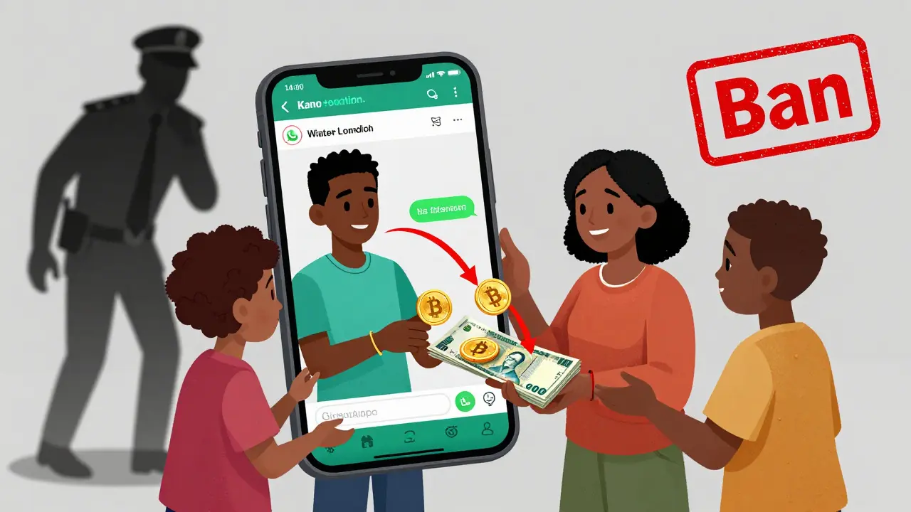 A family in Kano receives a crypto remittance through WhatsApp, watching digital coins turn into naira notes in their hands.