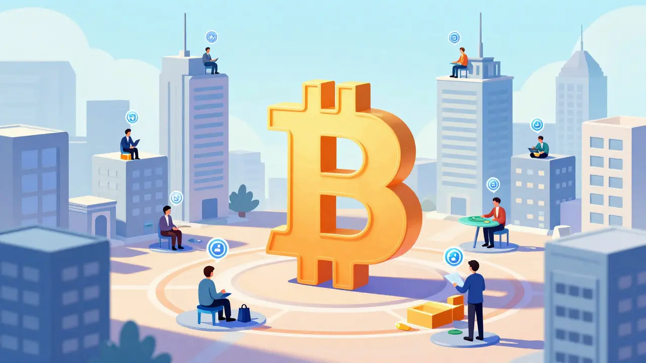 A futuristic city where Bitcoin-shaped buildings host automated contracts for mortgages, poker, and insurance.