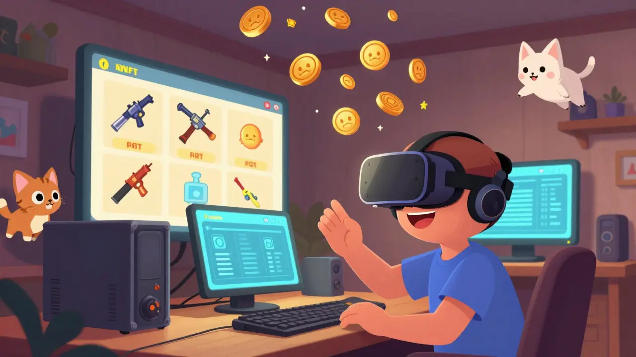 A gamer in VR headset smiles as CAT tokens rain down while NFT weapons float nearby.