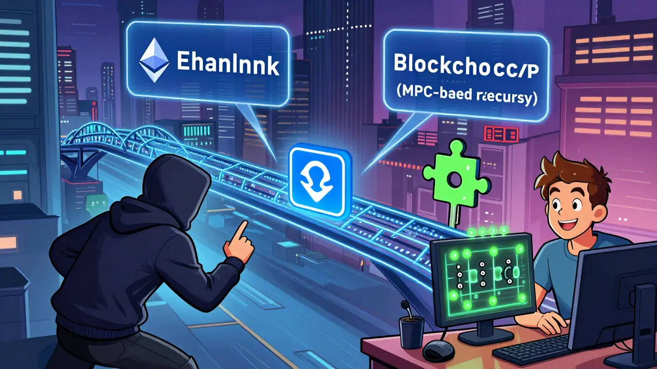 A hacker blocked by secure bridge layers and MPC keys while developers watch confidently.