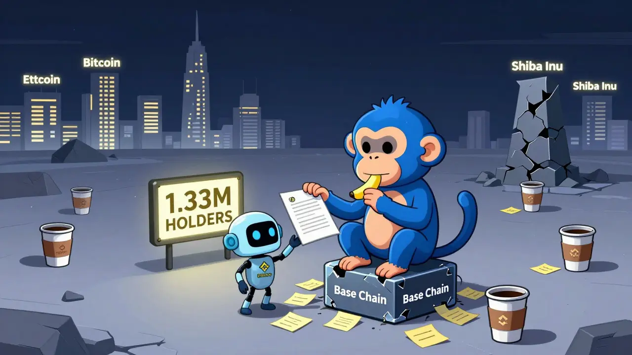 A lonely blue monkey sitting on a broken blockchain node surrounded by empty memes and tiny wallets.
