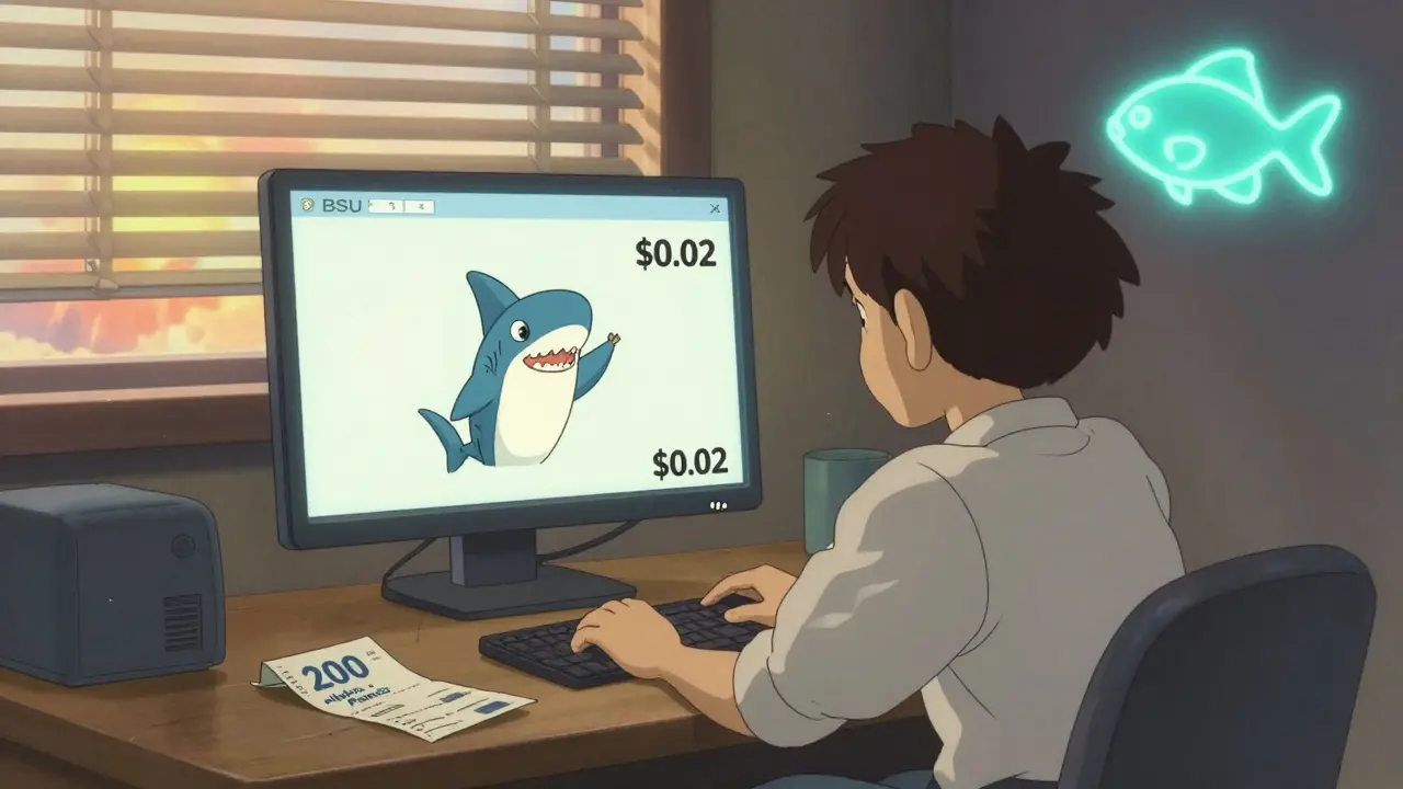 A person stares at a <h2>Could This Happen Again?</h2>.02 Baby Shark Token on a monitor at 3 a.m., a tiny cartoon shark waves goodbye as dawn light enters.