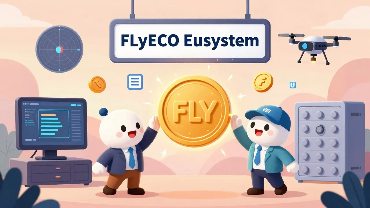 A team of characters celebrating beside a glowing FLY token with ecosystem tools in the background.