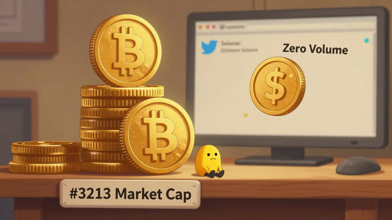 A tiny PBR token alone on a shelf labeled #3213, dwarfed by giant cryptocurrencies.