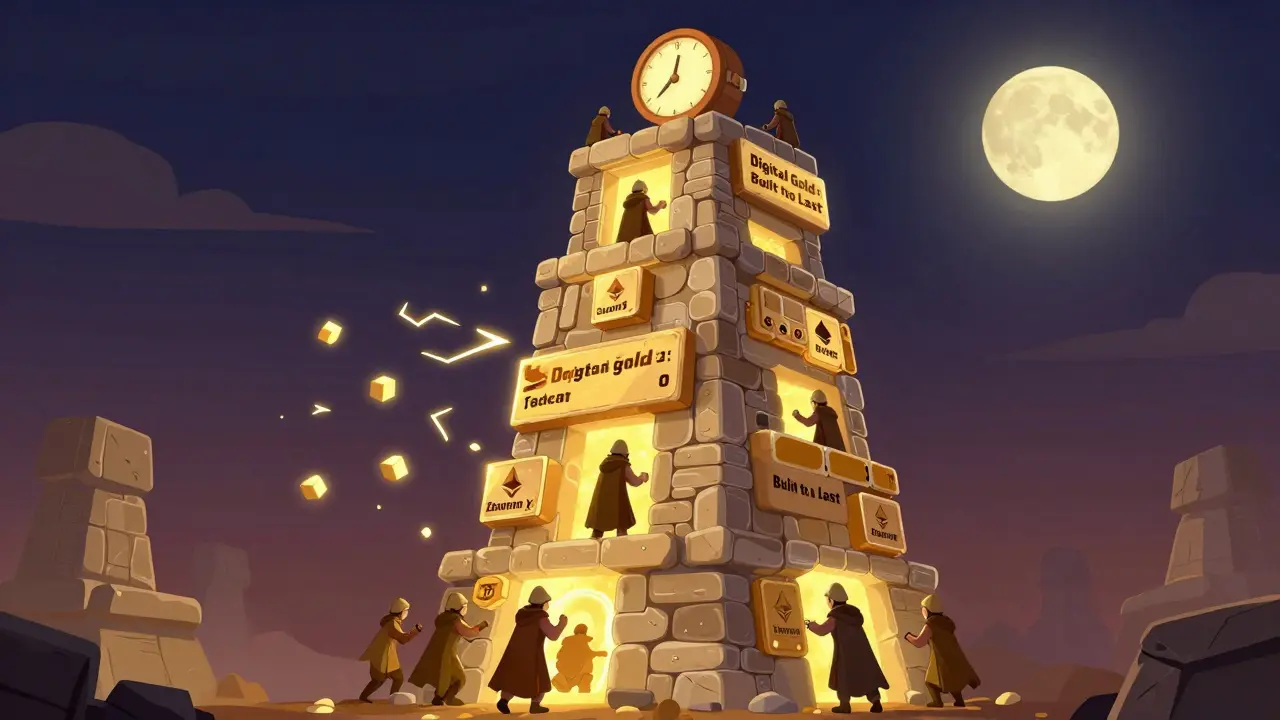 A towering Bitcoin blockchain as a stone tower with blocks added every 10 minutes, while faster but fragile Ethereum blocks vanish nearby.