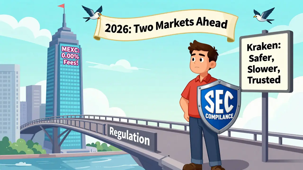 A U.S. trader hesitating between a low-fee offshore exchange and a compliant but higher-cost exchange, under a 'Two Markets Ahead' sign.