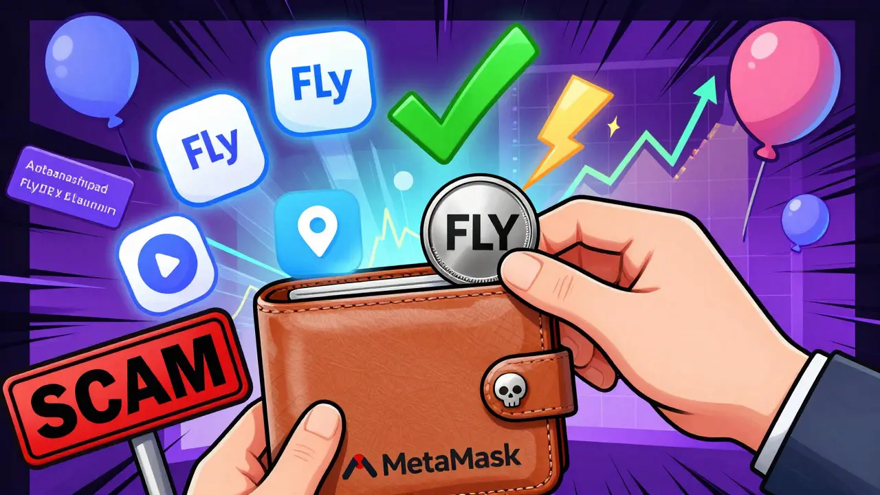 A wallet adding a FLY token with scam warnings and ecosystem icons in cartoon style.