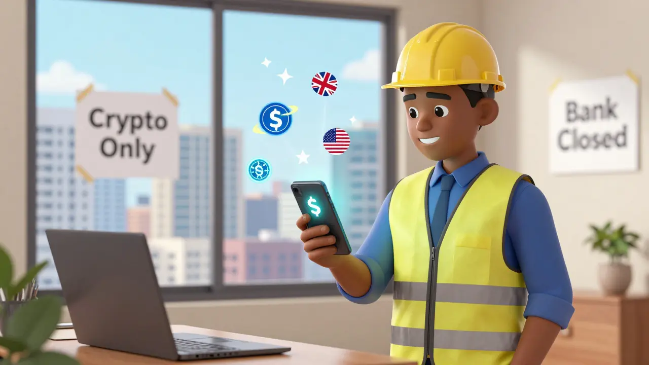 A young Nigerian man receives global freelance payments in USDT on his smartphone, with digital currency icons floating around him.