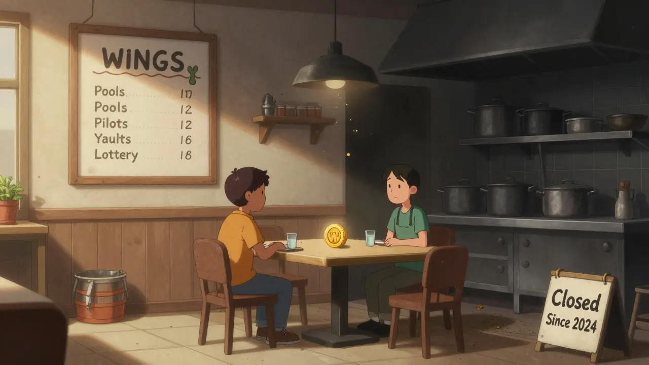 An abandoned DeFi restaurant with empty kitchen and faded menu labeled WINGS Pools, Pilots Vaults, Lottery.