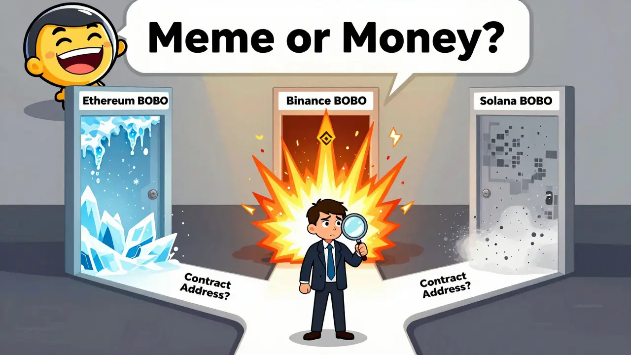 An investor confused at three doors labeled with BOBO variants, each leading to a different crypto fate.