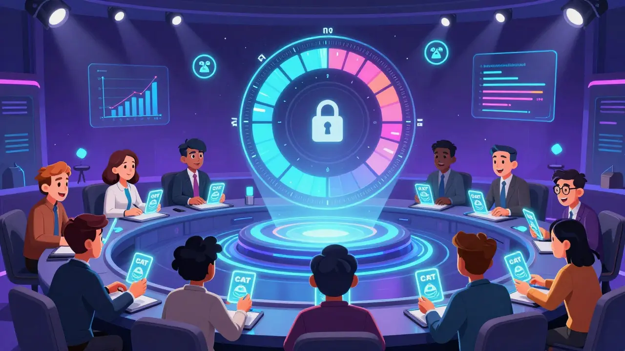 Avatars vote in a holographic DAO chamber with CAT tokens as glowing ballots.