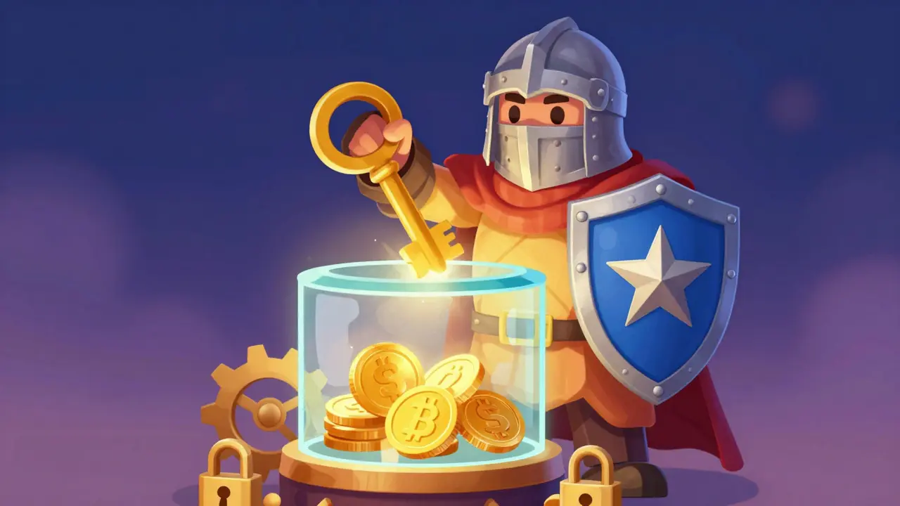 Cartoon character guarding a glass vault with a shield representing crypto security and governance.