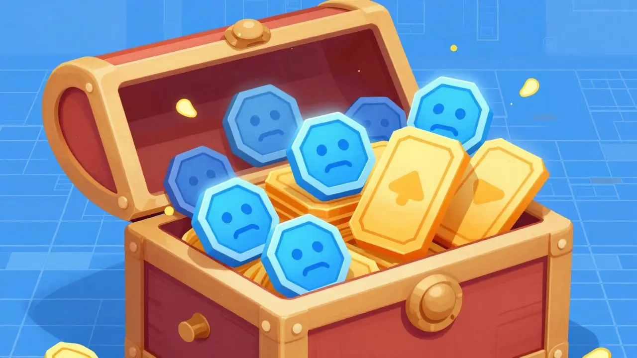 Cartoon chest filled with glowing tokens and game tickets
