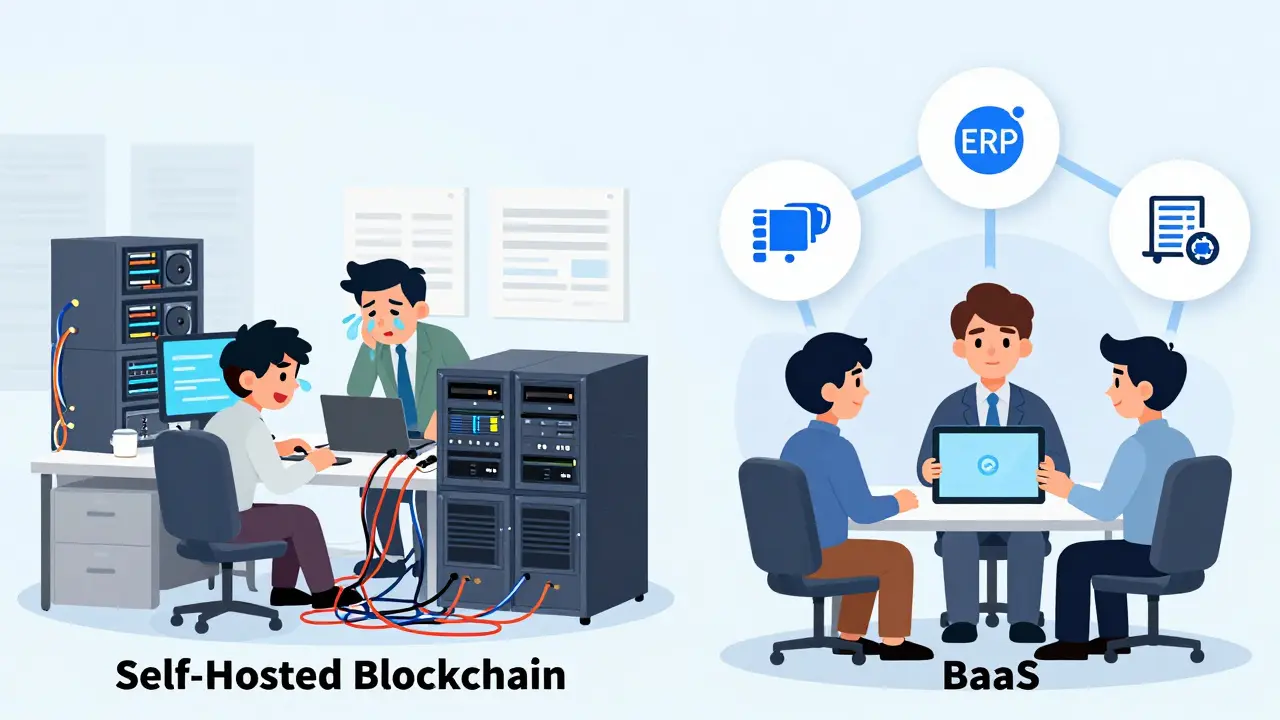 Cartoon comparison: chaotic self-hosted blockchain setup vs. simple BaaS workflow with connected tools.