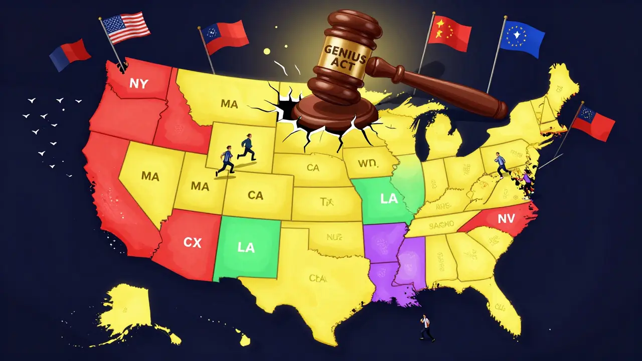Cartoon map of the U.S. showing states with different crypto regulation levels and businesses moving accordingly.