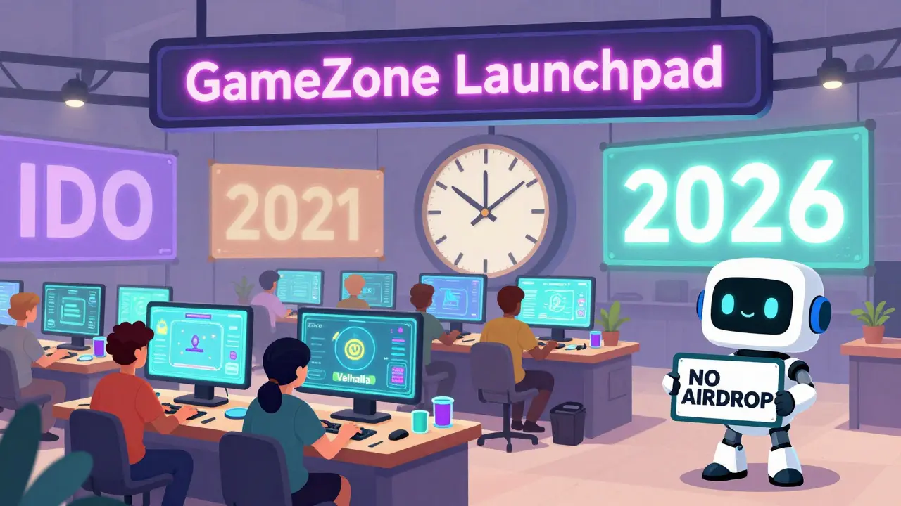 Cartoon marketplace with players trading NFTs and games under a 'GameZone Launchpad' sign, clock showing 2021 to 2026 with 'NO AIRDROP' sign.