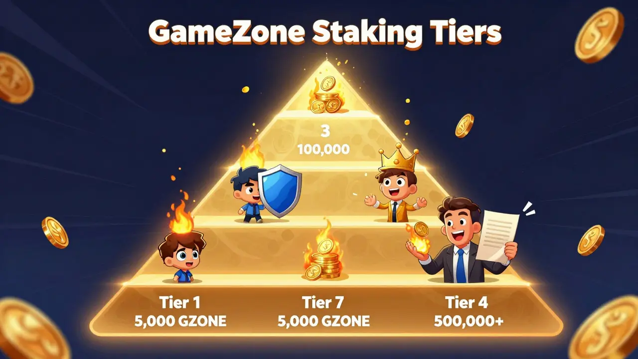 Cartoon pyramid showing four staking tiers with increasing rewards and burning tokens, glowing with gold and blue colors.