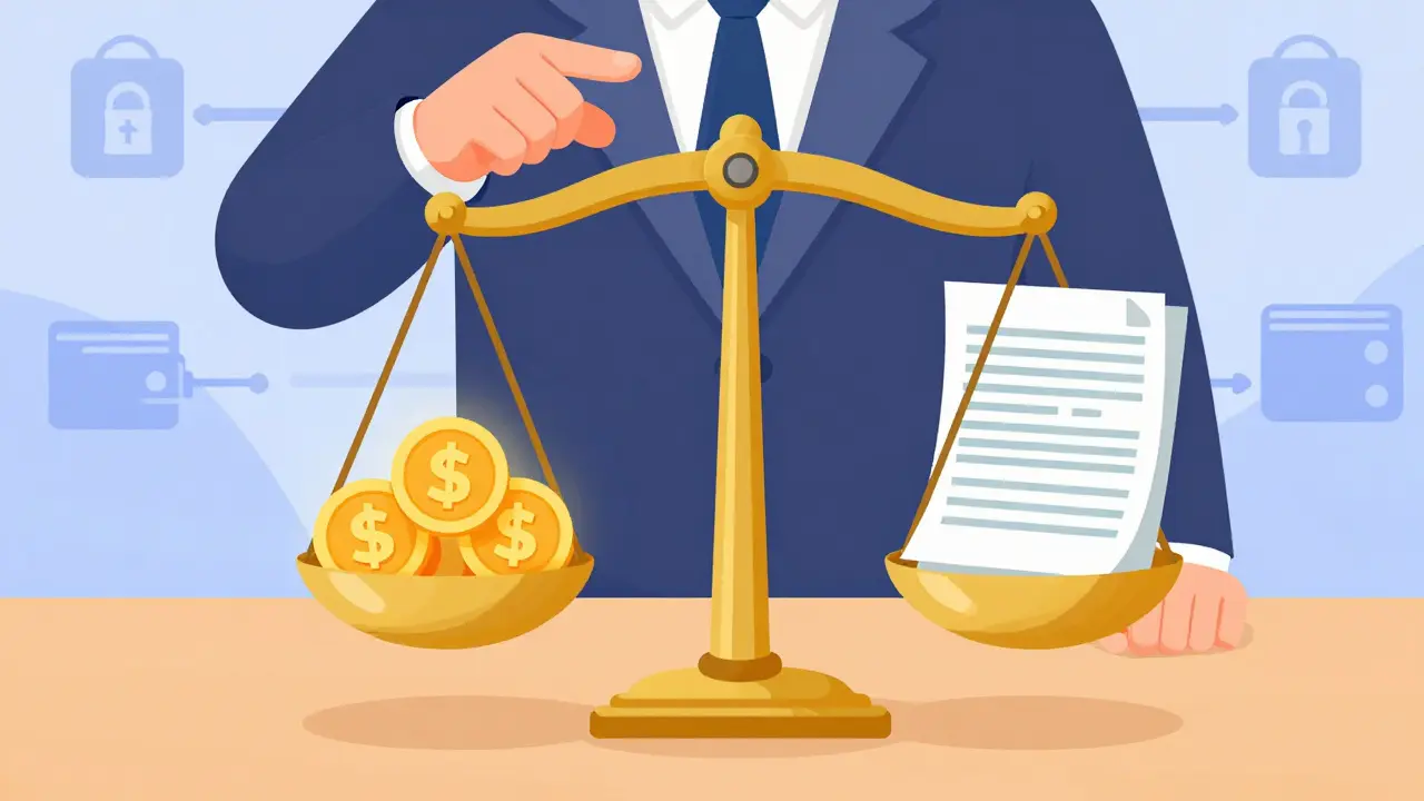 Cartoon scales balancing cryptocurrency coins with tax compliance forms.