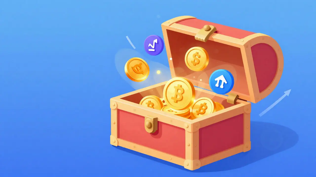 Cartoon scene of digital assets being used as collateral in decentralized finance apps.