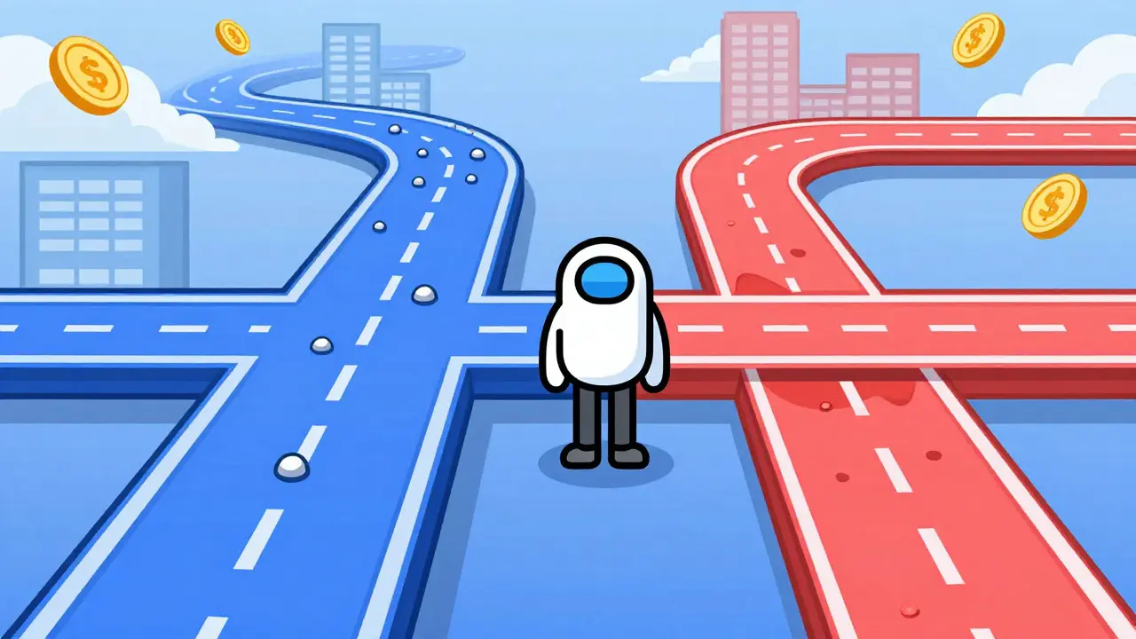 Cartoon showing two trading paths, one smooth for stables and one rough for volatile assets.