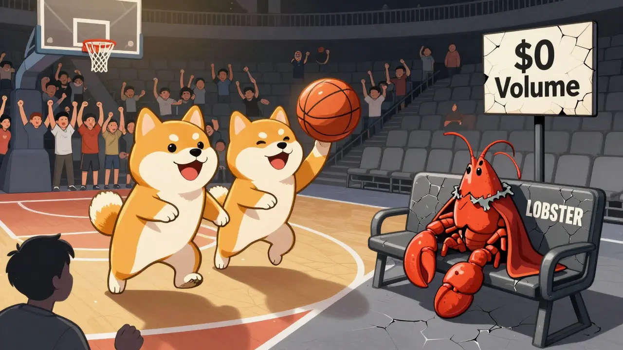 Cheerful Dogecoin and Shiba Inu mascots playing basketball in a lively arena, while a lonely wilted lobster sits alone on a cracked bench labeled 'LOBSTER'.