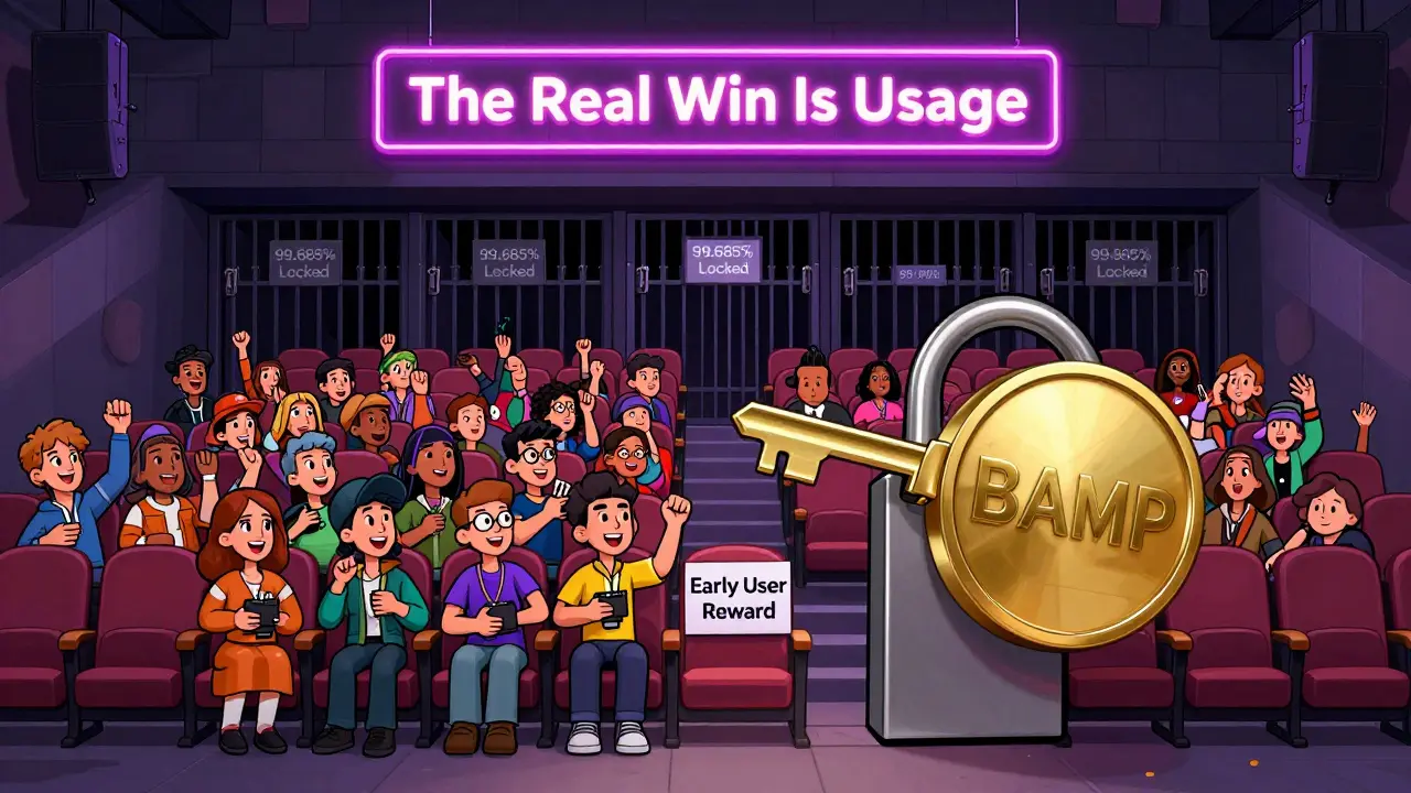 Concert hall with 99 locked seats and one open seat for early DeFi users.