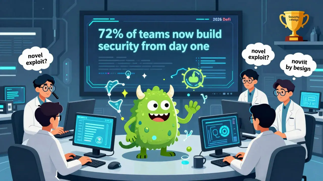 Developers using AI tools and human auditors to catch exploits in a futuristic DeFi lab.