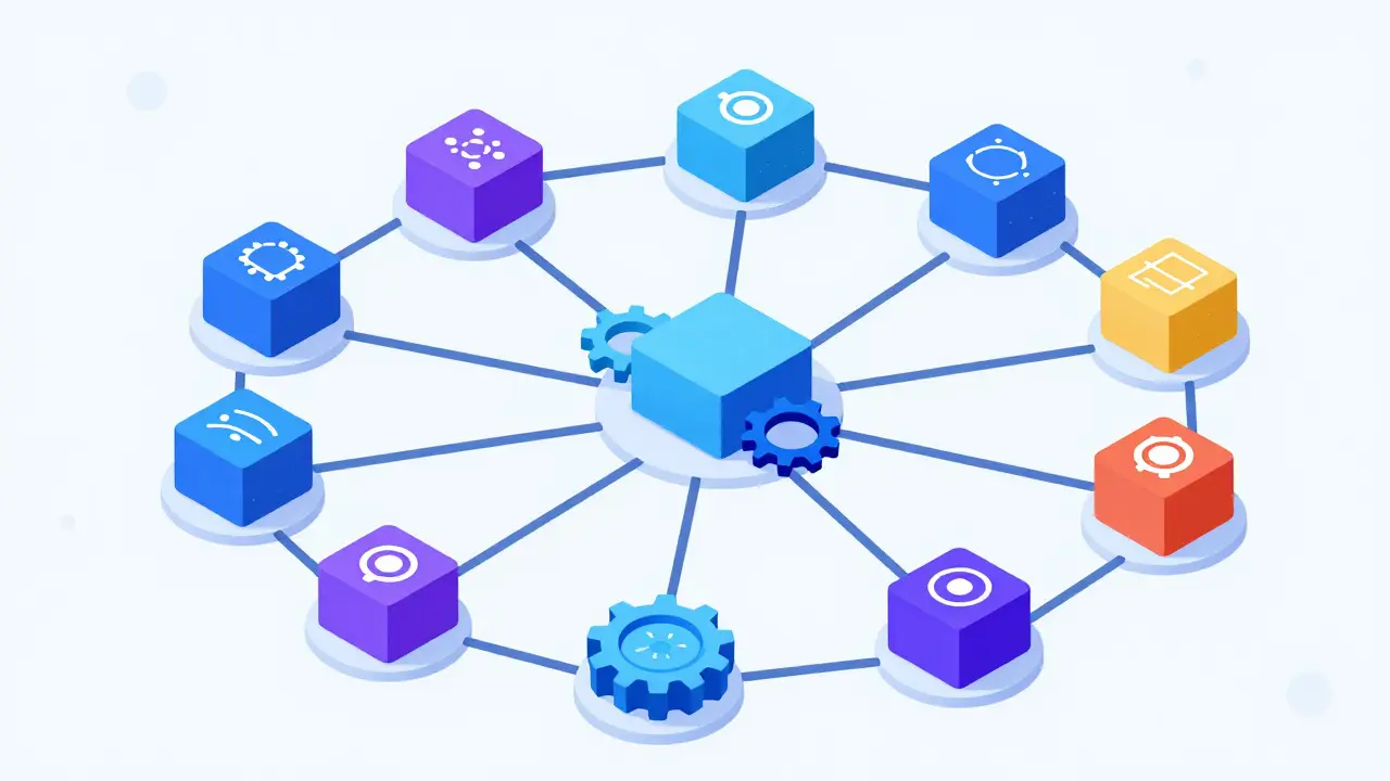 Illustration of decentralized network nodes connecting to form secure validator system.