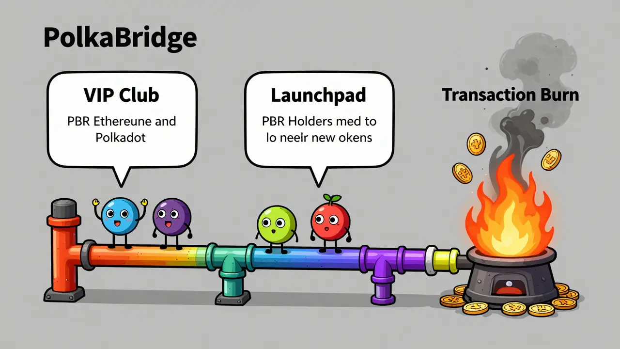 PolkaBridge's three functions shown as a cartoon bridge, VIP club, and burning furnace with PBR tokens.
