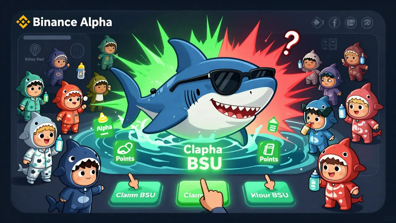 Quirky avatars click to claim Baby Shark Tokens on a Binance Alpha dashboard, a cartoon shark swims through glowing Alpha Points.
