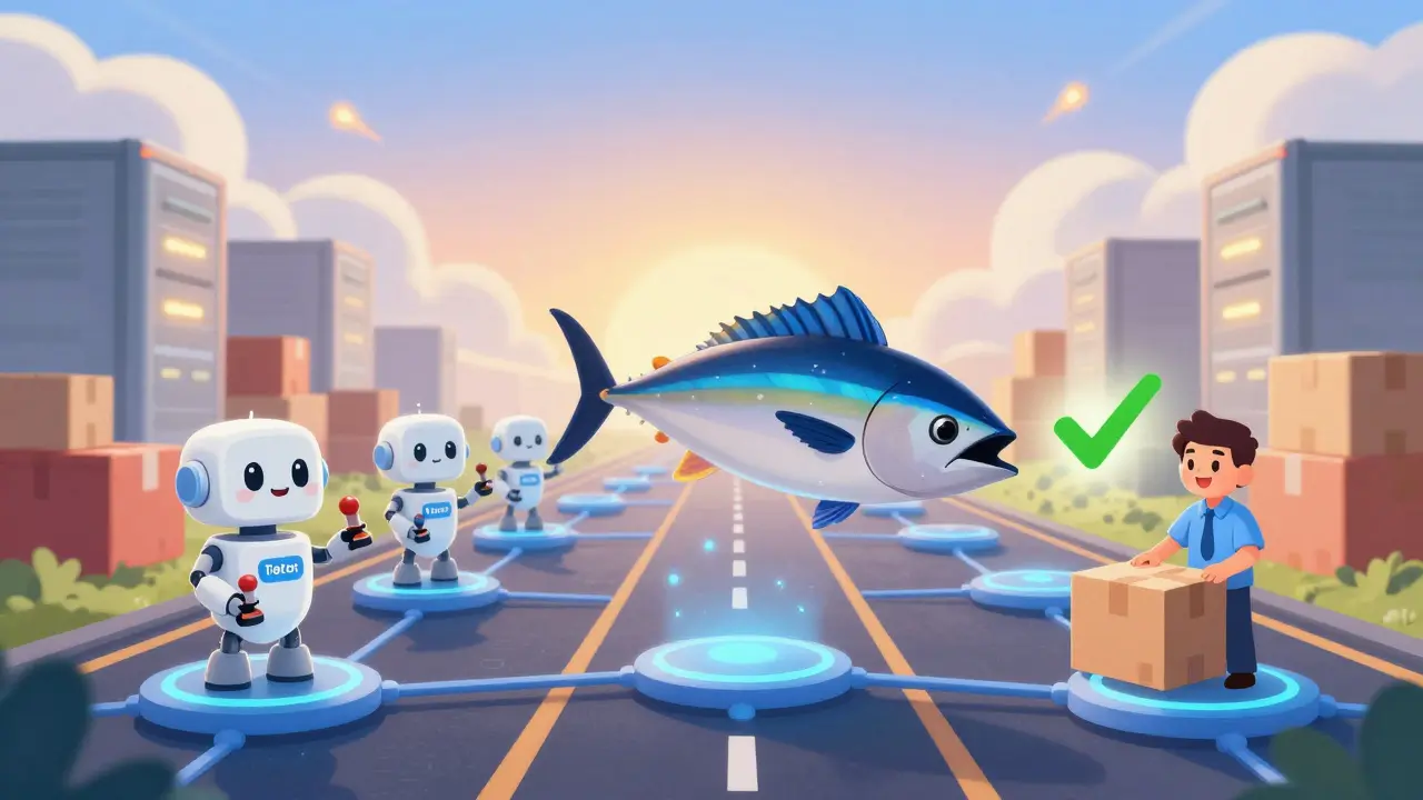 Tuna shipment tracked through digital blockchain nodes from Perth to Sydney in cartoon illustration.